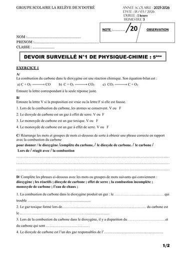 Devoir de PC niveau 5ième trimestre 3 sur combustion by Tehua