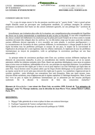 Sujets d'Histoire et Géographie niveau Terminale - Année scolaire 2021-2022 - Lycée Dominique Ouattara Korhogo