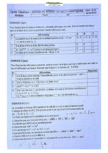 Sujets de Mathématique série C Lycée Classique d'Abidjan 23