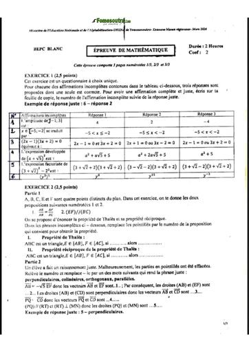 Bepc blanc 2024 Maths dren yakro sujet by Tehua