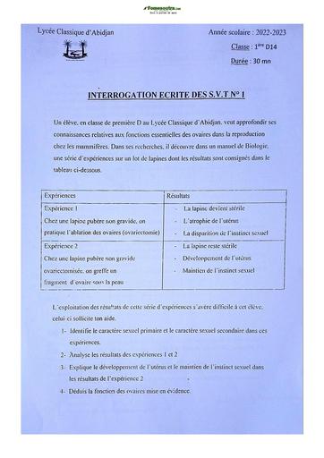Sujet de SVT niveau Première D Lycée Classique Abidjan 2022-2023