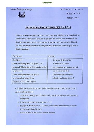 Sujet de SVT niveau Première D Lycée Classique Abidjan 2022-2023