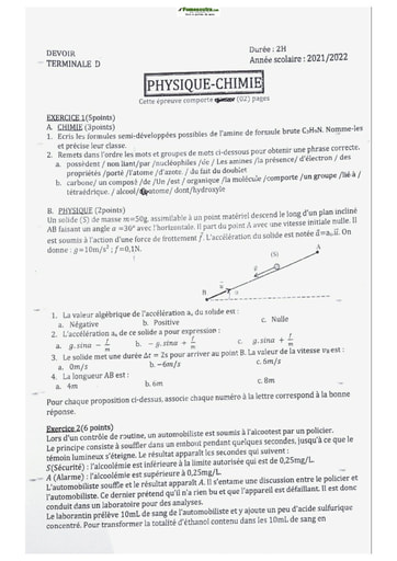 Sujet Terminale D Physique-Chimie Lycée Classique Abidjan 2021-2022 new