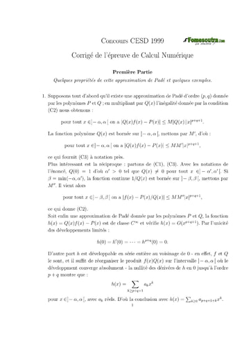 Corrigé Calcul numérique ISE option maths 1999 (ENSEA)