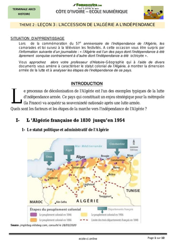 Cours de Histoire-Géographie : L'ACCESSION DE L'ALGÉRIE A L'INDÉPENDANCE