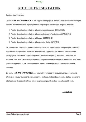 DOCUMENT D'ANGLAIS 2nde MY APC WORKBOOK by TEHUA