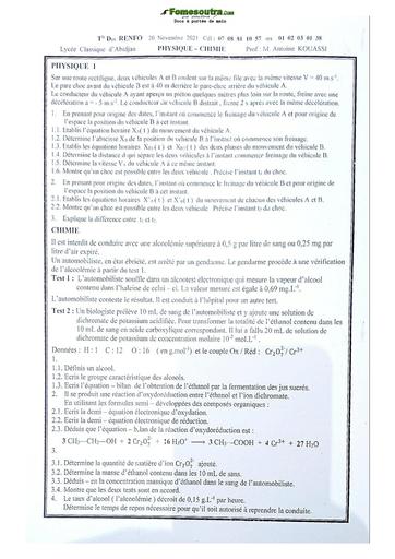 Sujet de Physique-Chimie Terminale D Lycée Classique Abidjan 22