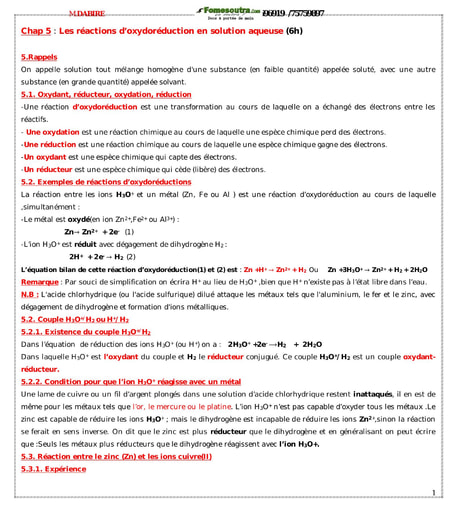 Chapitre 5 : Les réactions d’oxydoréduction en solution aqueuse