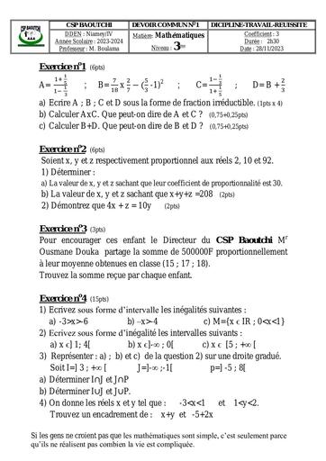 Devoir de maths N°3 classes 3ieme by Tehua