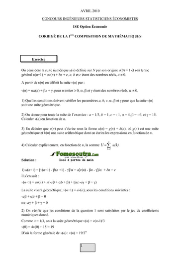 Corrigé 1ère épreuve de maths ISE option économie 2010 (ENSEA - ISSEA)