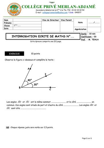 INTERROGATION ECRITE N°6 DE MATHS NIVEAU 5ième (LES ANGLES) NOVEMBRE 2025 BY TEHUA