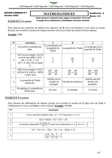 DEVOIR DE MATHS NIVEAU 3ième EMPT 2022 BY TEHUA