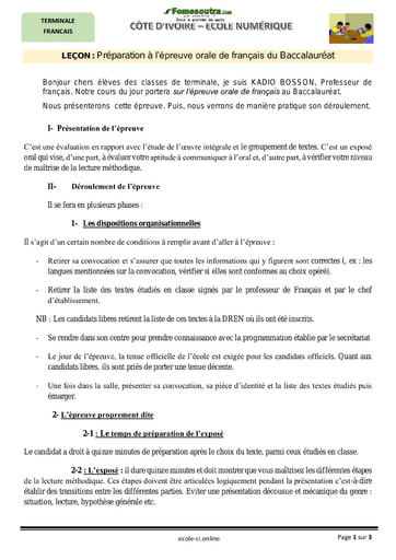 Cours sur la la Préparation de l’épreuve orale de français du Baccalauréat