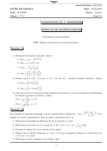 DEVOIR DE MATHS 1ière D N°1 COMPO Trimestre 2 LYCEE DE SAPAGA by TEHUA