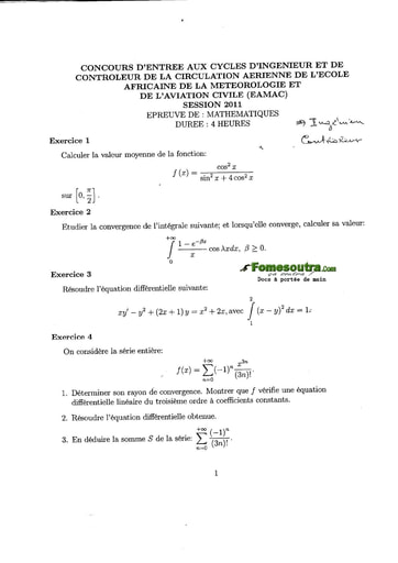 Sujet de Maths concours EAMAC cycle Ingénieur session 2011