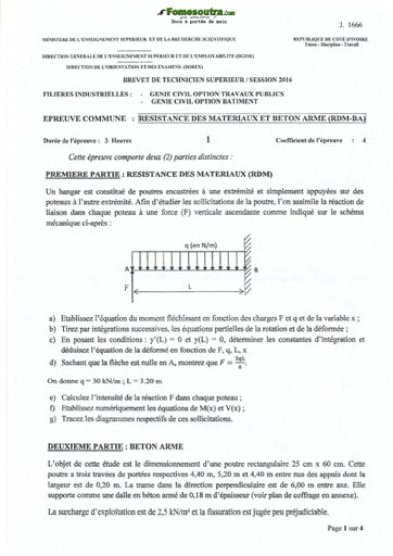 Sujet Résistance des matériaux et béton armé (RDM-BA) BTS 2016 Génie Civil option bâtiment