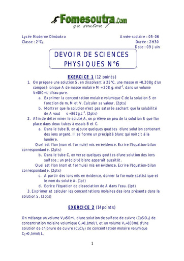 Devoir 3 de Physique-Chimie niveau 2nd C