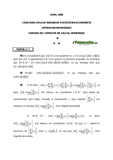Corrigé Calcul numérique ISE option maths 1998 (ENSEA - ENSAE - ISSEA)
