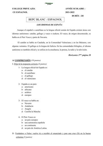 SUJET 3ième EXAMEN BLANC BEPC ESPAGNOL   LOS IDIOMAS DE ESPAÑA by TEHUA