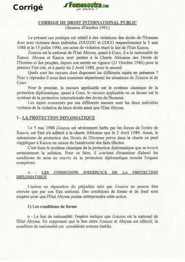 Corrigé de l'épreuve de Droit International Public - Octobre 1991