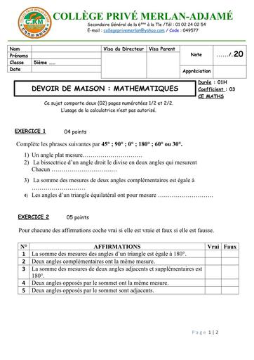 DEVOIR DE MAISON MATHS NIVEAU 5ième MERLAN POUR LES CONGE DE PAQUE BY TEHUA