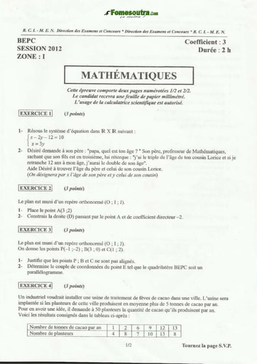 Sujet de mathématique BEPC 2012 Zone 1