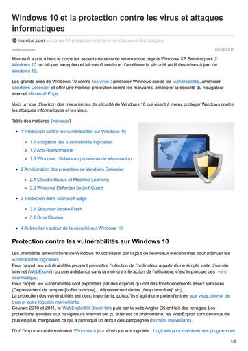 Malekal com Windows 10 et la protection contre les virus et attaques
