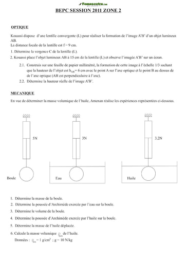 Sujet de Physique Chimie BEPC 2011 zone 2