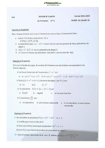 Sujet de Mathématique Seconde C Lycée Classique Abidjan 21-22
