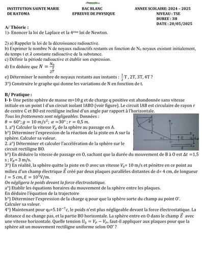 Bac BLANC 2025 Sainte Marie Ratoma Tse EpreuvePhysique by TEHUA