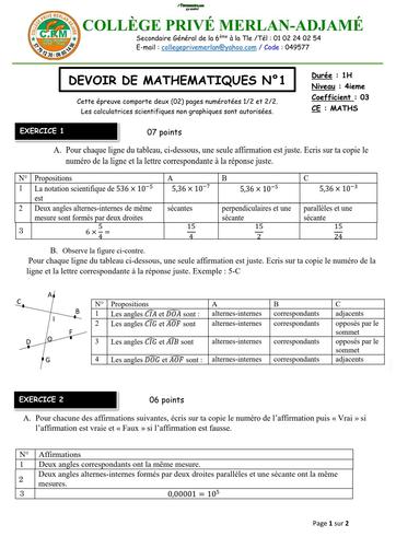 DEVOIR DE NIVEAU MATHS niveau 4ième MERLAN 12 NOVEMBRE 2025 by TEHUA