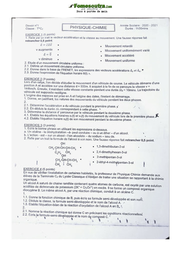 Devoir (3) de Physique-Chimie niveau Terminale C - Lycée Classique d'Abidjan