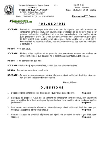 Sujet de philosophie BAC S1-S2-S3-S4-S5 2012 (2) Sénégal