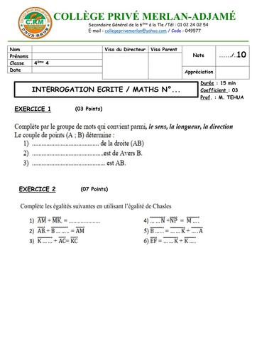 INTERROGATION ECRITE MATHS Niveau 4ième 4 du 13 MARS 2026 SUR VECTEURS