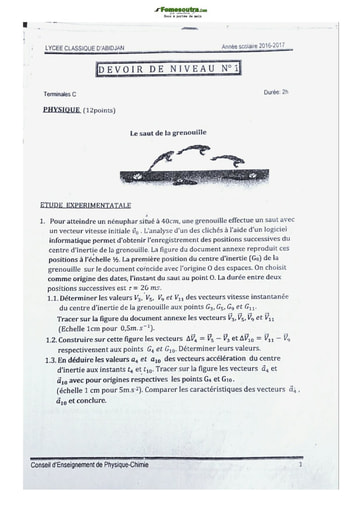 Sujet de Physique-Chimie Terminale D Lycée Classique Abidjan 2017