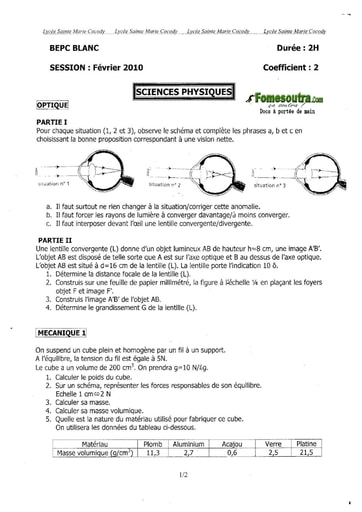 Sujet de Physique Chimie BEPC blanc 2010 Lycée Sainte Marie de Cocody