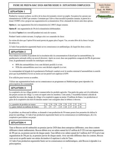 FICHE PREPA BAC 2024 MATHS SERIE D banque de situations complexes by Tehua