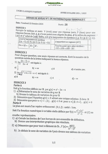 Sujets Mathématiques Terminale C 2021-2022