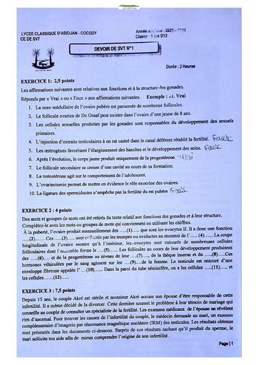 Sujet de SVT niveau Première D Lycée Classique Abidjan 2022-2023