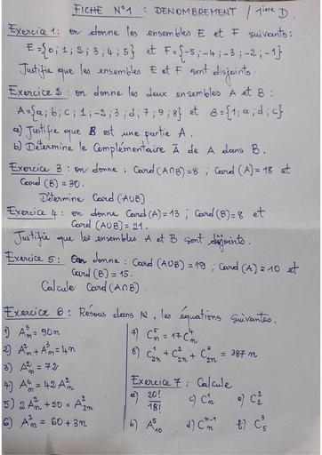 Fiche travaux dirigés 1 Maths dénombrement 1ière D by Tehua