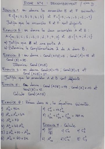 Fiche travaux dirigés 1 Maths dénombrement 1ière D by Tehua