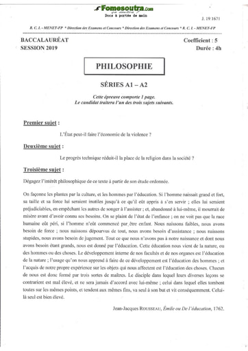 Sujet de Philosophie BAC A1 et A2 2019