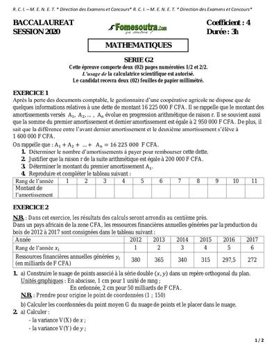 SUJET BAC Maths SERIE G2 2020 BY TEHUA