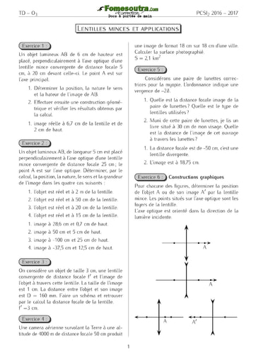 Sujets Corrigés de PC portant sur les Lentilles - niveau 3eme