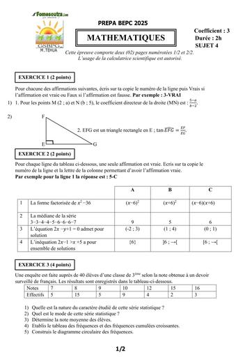 PREPA BEPC 2025  MATHS FICHE 4 BY TEHUA
