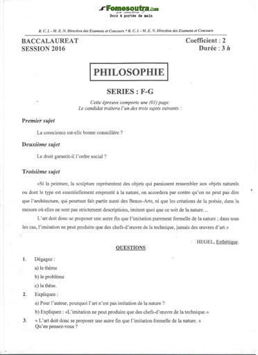 Sujet de Philosophie du BAC F- G 2016