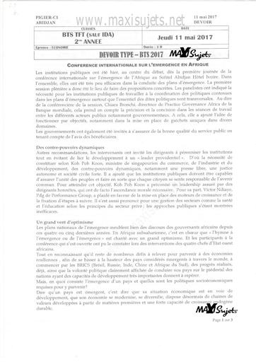 Devoir BTS 2017 n°1_économie_PIGIER CI_filières- - ASSISTANAT DE DIRECTION - CARRIÈRES JURIDIQUES PROFESSIONS IMMOBILIERS - FINANCES_ASSURANCES - FINANCES_COMPTABILITÉ ET GESTION DES ENTREPRISES - GESTION COMMERCIAL by Tehua