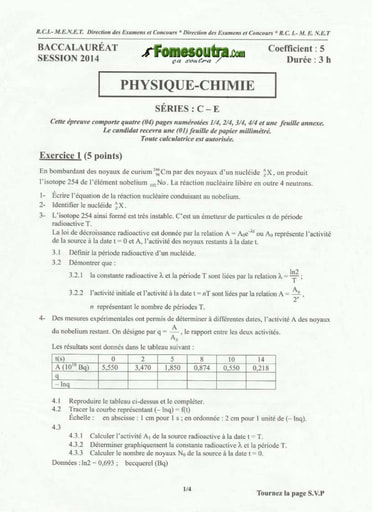 Sujet de Physique-Chimie BAC C et E 2014