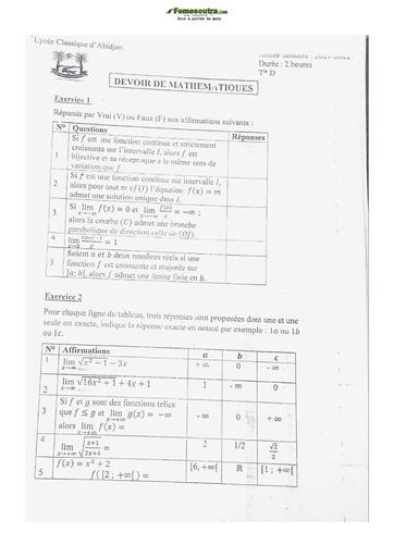 Sujet de Mathématique Terminale D 2021-2022