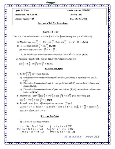 DEVOIR DE MATHS 1ière D N°3 LYCEE DE WONA 2024 BY TEHUA